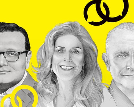 Black and white pencil looking illustration of 3 business executives highlighted in the article. They are displayed on a bright yellow background.