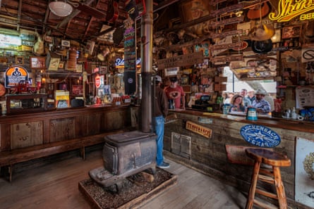 Interior of rustic bar in Luckenbach, Texas, US.