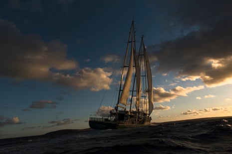 The Rainbow Warrior III as sun sets over the waters of the Great Australian Bight, off the coast of South Australia. The ship is one of the greenest in the world and runs off wind power 75% of the time depending on conditions. At top speed, the ship can travel at 14 knots