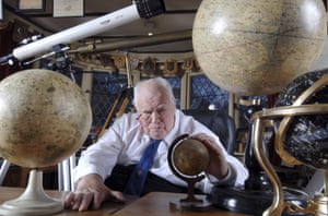 The astronomer Patrick Moore recording the 650th The Sky at Night for BBC television at his home in Selsey, West Sussex, 18 December 2006