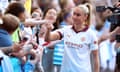 Manchester City’s Steph Houghton greets fans after her final WSL match against Aston Villa on 18 May