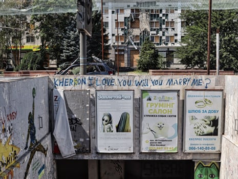 Graffiti above the entrance to a pedestrian underpass reads: ‘Kherson I love you will you marry me?’