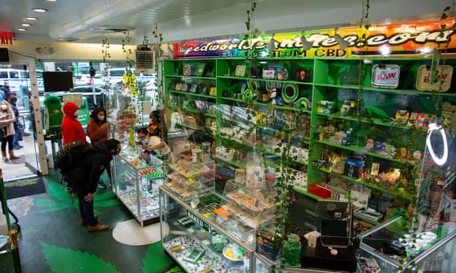 store contains green shelves full of cannabis products