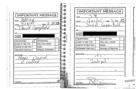 Two messages from David Copperfield to Jeffrey Epstein that say: ‘Magic David called’ and ‘it’s jackpot’. The pads were seized by police from his Florida home as part of the criminal investigation into Epstein in 2005.