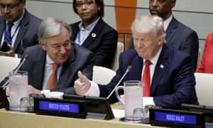 UN secretary general António Guterres beside US president Donald Trump, who made his first remarks on Monday to the general assembly.