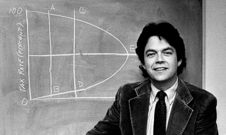 The economist Arthur Laffer in 1981, with a diagram on a blackboard