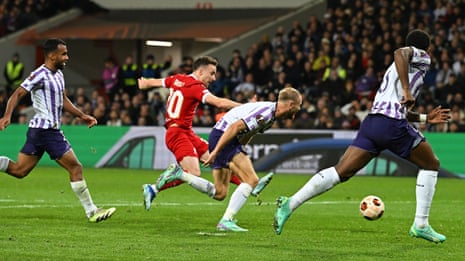 Diogo Jota fires in Liverpool's second goal against Toulouse.