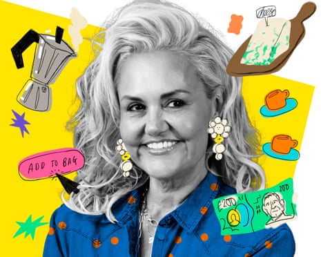 Caroline Hirons, smiling with blonde wavy hair, wearing large floral earrings and a blue polka dot shirt surrounded by illustrated graphics