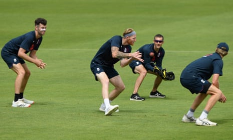 Ben Stokes catches in the slips alongside Dom Sibley, coach Chris Read and Zak Crawley at the Ageas Bowl.