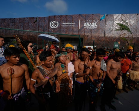 Indigenous protesters blockade the entrance to COP30 in Belem, Brazil