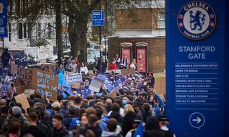 Chelsea fans protest outside Stamford Bridge before the scheduled game with Brighton against the club’s involvement in the European Super League.