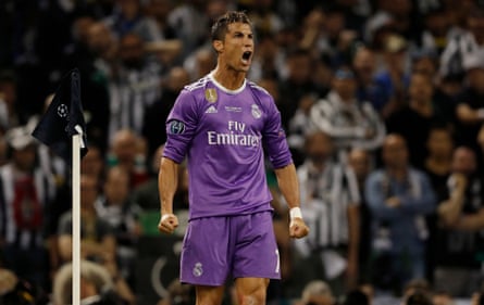 Cristiano Ronaldo celebrates opening the scoring for Real Madrid against Juventus in the Champions League final.