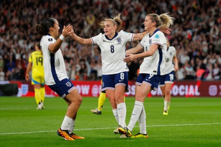 Alessia Russo (right) celebrates with Georgia Stanway (centre) and Lauren James after scoring against Sweden during the Euro 2025 qualifier in April