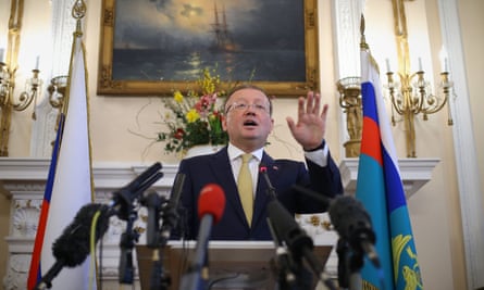 Russian ambassador to the UK Alexander Yakovenko speaking about the Salisbury poisoning at a news conference at the Russian Embassy in London in April 2018.