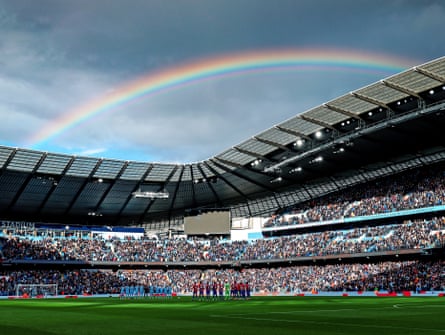 A rainbow forms over the stadium during a minutes silence for Remembrance Day at the match between Manchester City and Crystal Palace.