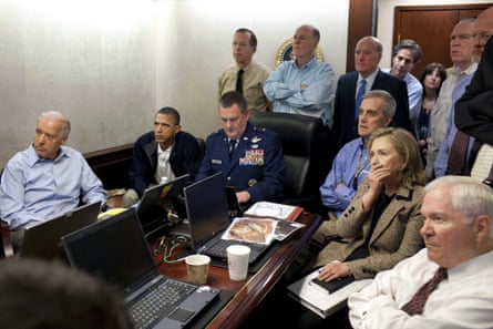 President Barack Obama and Vice-President Joe Biden, along with members of the national security team, receive an update on the mission against Osama bin Laden in the Situation Room of the White House. Also pictured are the then secretary of state, Hillary Clinton, and the defence secretary, Robert Gates. 1 May 2011.