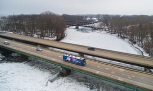 Joe Biden’s campaign bus heads to an event in Fort Madison, Iowa on 31 January 2020.