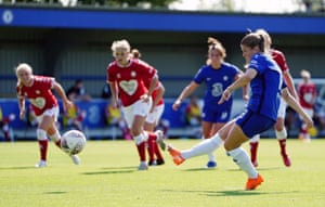 Chelsea’s Maren Mjelde scores her side’s second goal of the game from a penalty.