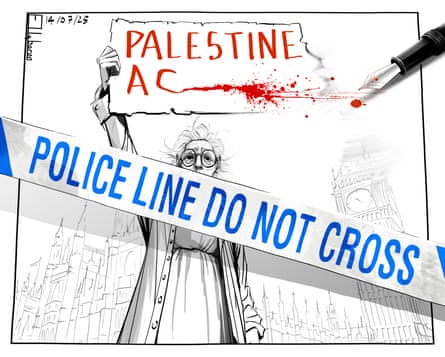 A cartoon by Ella Baron on the Palestine Action Ban showing a protester with a ribbon in front saying “Police Line Do Not Cross”