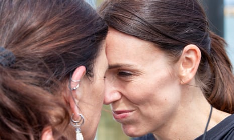 New Zealand Prime Minister Jacinda Ardern (right) greets a crew member with a hongi  as she joins a Waka crew for a paddle prior to Waitangi Day in Waitangi, New Zealand on 5 February, 2020.