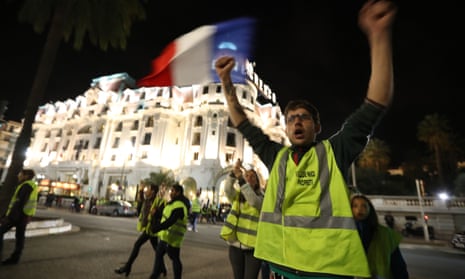Gilet jaunes protesters on the Promenade des Anglais waterfront in Nice.