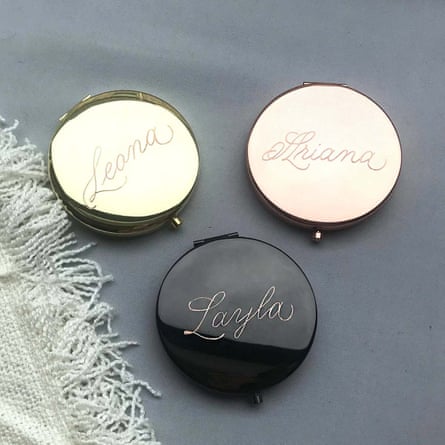 Calligraphy Engraved Compact Mirrors, in gold rose gold and black