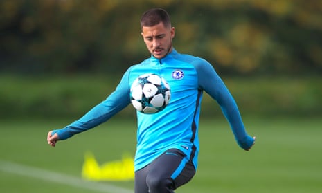 Eden Hazard, pictured during training at Cobham, is expected to start for Chelsea against Atlético Madrid.