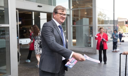 Tim Murray, Labor’s candidate for Wentworth, hands out flyers at Bondi Junction train station.