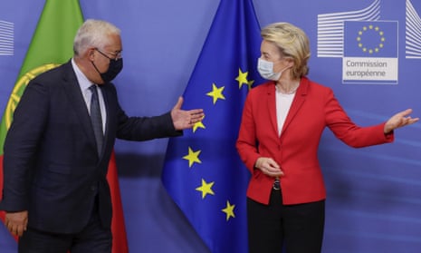 Ursula von der Leyen welcomes Portugal’s prime minister, António Costa, at the EU headquarters in Brussels on Tuesday