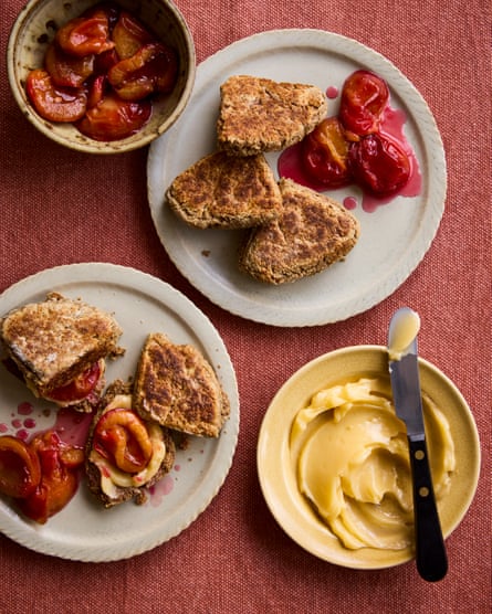 Anna Higham’s barley bannocks with honey butter and roasted plums.