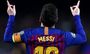Lionel Messi celebrates his second goal at the Camp Nou on Tuesday