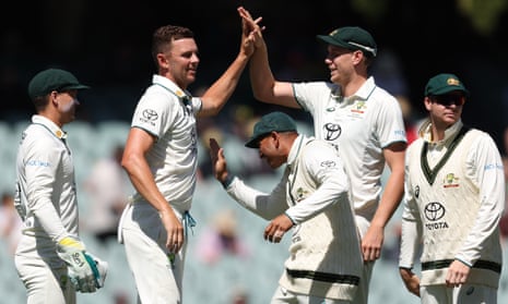 Josh Hazlewood celebrates the wicket of Tagenarine Chanderpaul for a golden duck on day two.