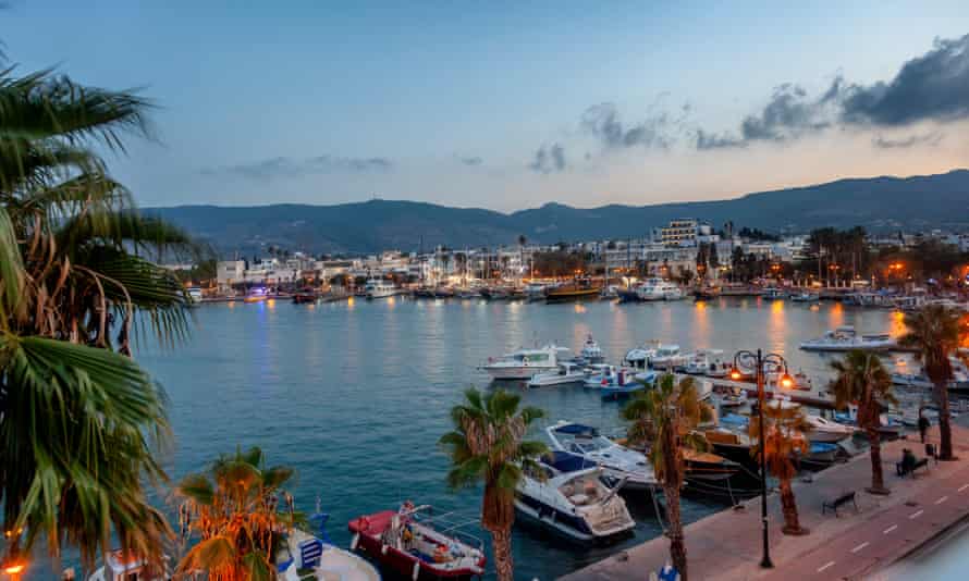 Kos, capital of the Greek island, city at sunset and view of the marina.