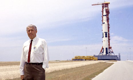 Wernher von Braun with the Apollo 11 rocket that took Neil Armstrong, Buzz Aldrin and Michael Collins to the moon, Kennedy Space Center, Florida, July 1969.