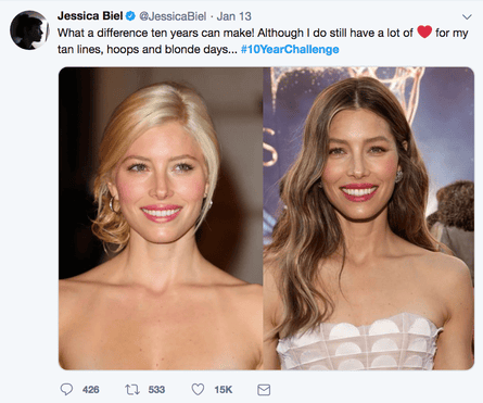 Jessica Biel’s 10-year challenge on Twitter.