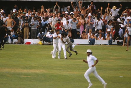 Kapil Dev catches Viv Richards during the Cricket World Cup final in 1983 and India fans celebrate.