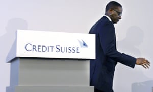 In this Oct. 21, 2015 file photo Tidjane Thiam, CEO of Swiss bank Credit Suisse, leaves the podium during a press conference in Zurich, Switzerland.
