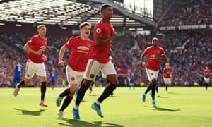 Marcus Rashford shows his delight after breaking the deadlock for Man United against Leicester.