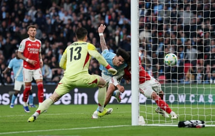 Manchester City’s Nico O’Reilly heads in the opener after Kepa Arrizabalaga’s error