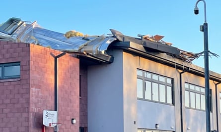 A damaged school roof in Carnoustie, Angus, Scotland, from Storm Otto