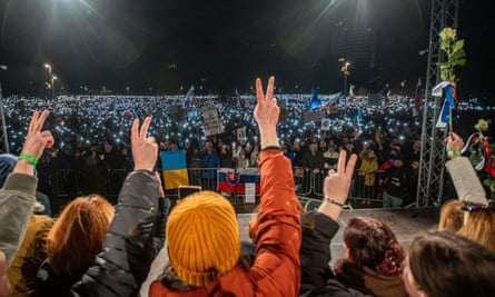 People take part in a demonstration against the Slovak prime minister, Robert Fico, and his government in Bratislava, Slovakia, on 24 January 2025.