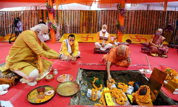 Narendra Modi at the foundation-laying ceremony for the Ram Mandir temple in Uttar Pradesh.