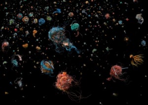 Soup: discarded fishing line that has formed nest-like balls due to tidal and oceanic movement. Soup is the name that scientists give to plastic debris suspended in the sea. In her series of the same name, Barker creates detailed composite images of discarded plastic objects that are the ‘ingredients’ in this soup.