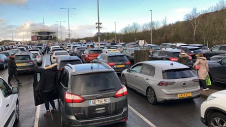 Cars stuck in lines of traffic waiting to board a LeShuttle service from Folkestone to Calais