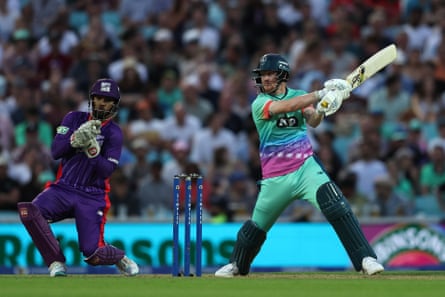 Jordan Cox of Oval Invincibles hits through the off side during the Hundred match against Northern Superchargers in 2024