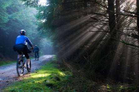 Mountain bikers in Kielder Forest, Northumberland National Park, with mist and sunbeams Image Ref CMWHNW (RM) Contributor Jon Sparks Credit line Jon Sparks / Alamy Stock Photo Date taken 1 November 2008