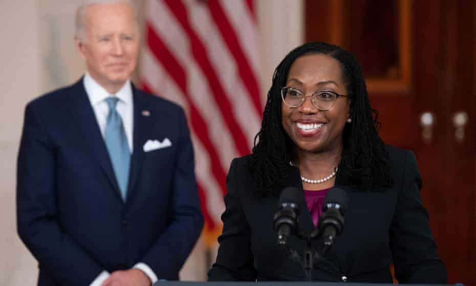 Judge Ketanji Brown Jackson, with President Joe Biden, speaks after she was nominated for associate justice of the US supreme court, on Friday.