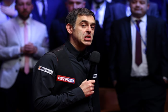 Ronnie O’Sullivan of England reacts during an interview after winning the 2022 World Snooker Championship.