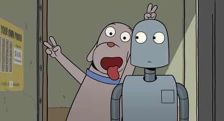 A dog and a robot in a photo booth