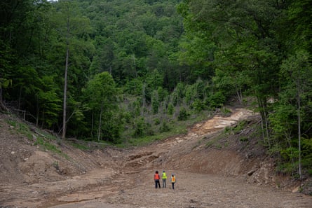 overhead view of three scientists walking through woodsy area to observe landslide damage